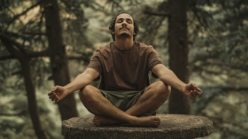 Man in a brown t-shirt sitting on a rock outdoors.