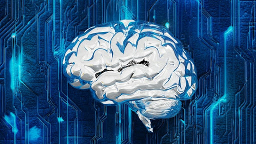 Computer circuit board with a digital brain in the center