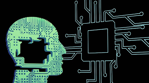 Artificial intelligence concept with a human-like head and digital circuit bar.