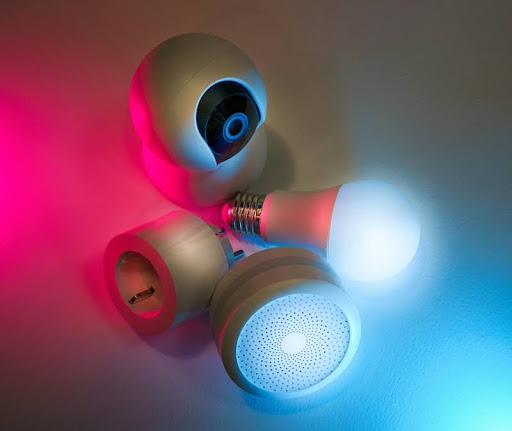 Smart home security camera mounted on a wall