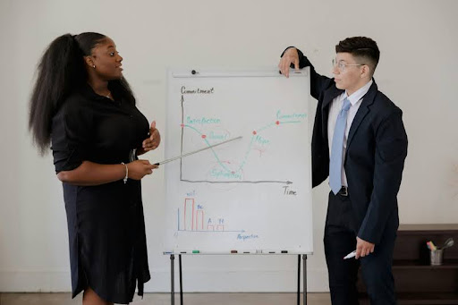 Man and woman giving a business presentation in a modern office.
