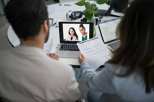 Person attending a virtual job interview via video call