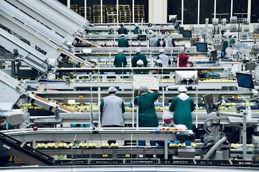 Factory employees working together on the production line