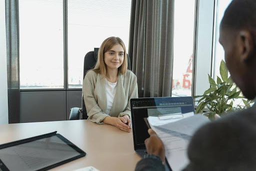 Candidate speaking with an interviewer during a job intervie