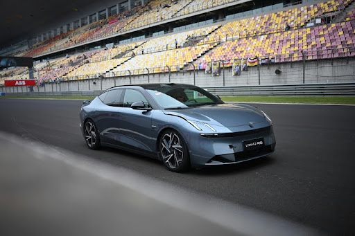 Electric race car speeding on a track during a Formula E event