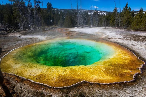 Colorful view of a Yellowstone hot spring with steam rising.