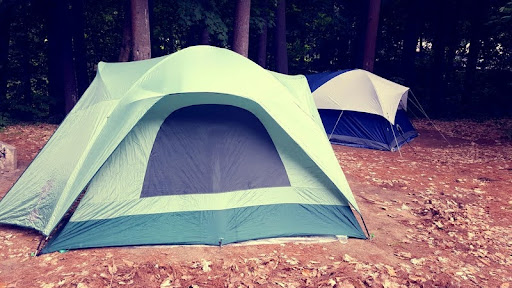 Two camping tents set up in a wooded forest clearing