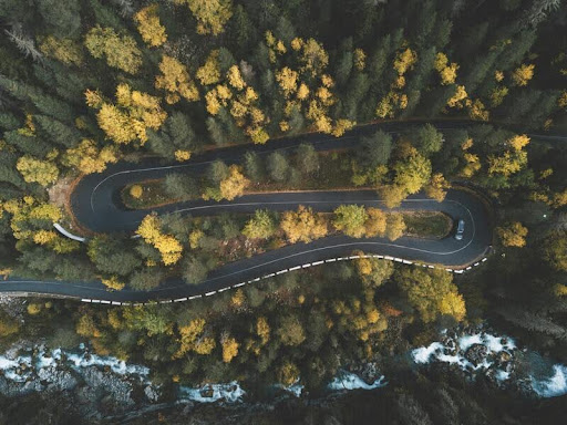 Aerial view of a winding scenic road through lush natural landscape