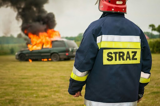 Firefighter standing near a burning car at night