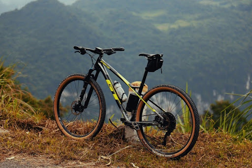 Bike parked beside a dirt road surrounded by greenery.