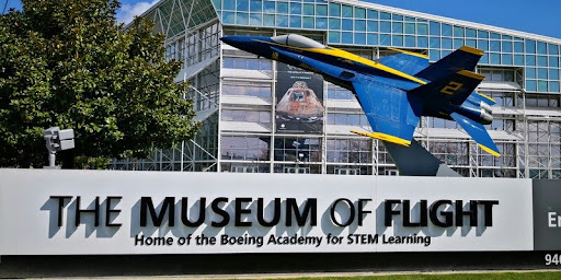 Exterior view of the Museum of Flight with aircraft on display