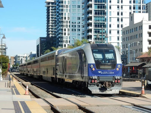 Pacific Surfliner train at a coastal station in San Diego