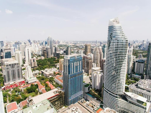 High-rise commercial buildings against a clear sky