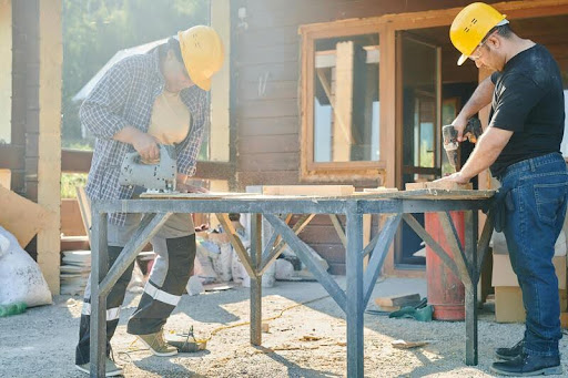 Construction workers collaborating on a job site
