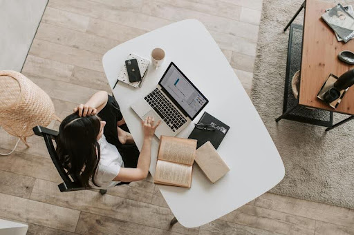 Woman working at a desk in a modern office
