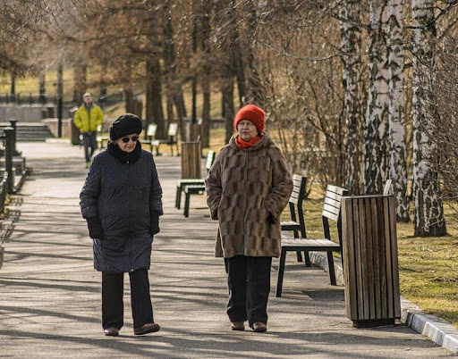 Two elderly women walking together in a park on a sunny day