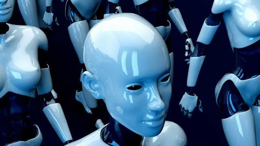 Blue humanoid robot standing upright with a sleek, futuristic design.